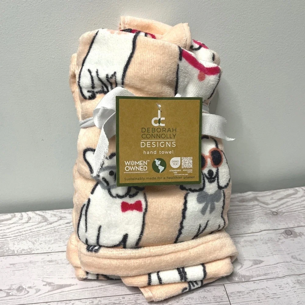 Deborah‎ Connolly Designs Dog Print Hand Towel Peach Lyocell Cotton Blend NEW